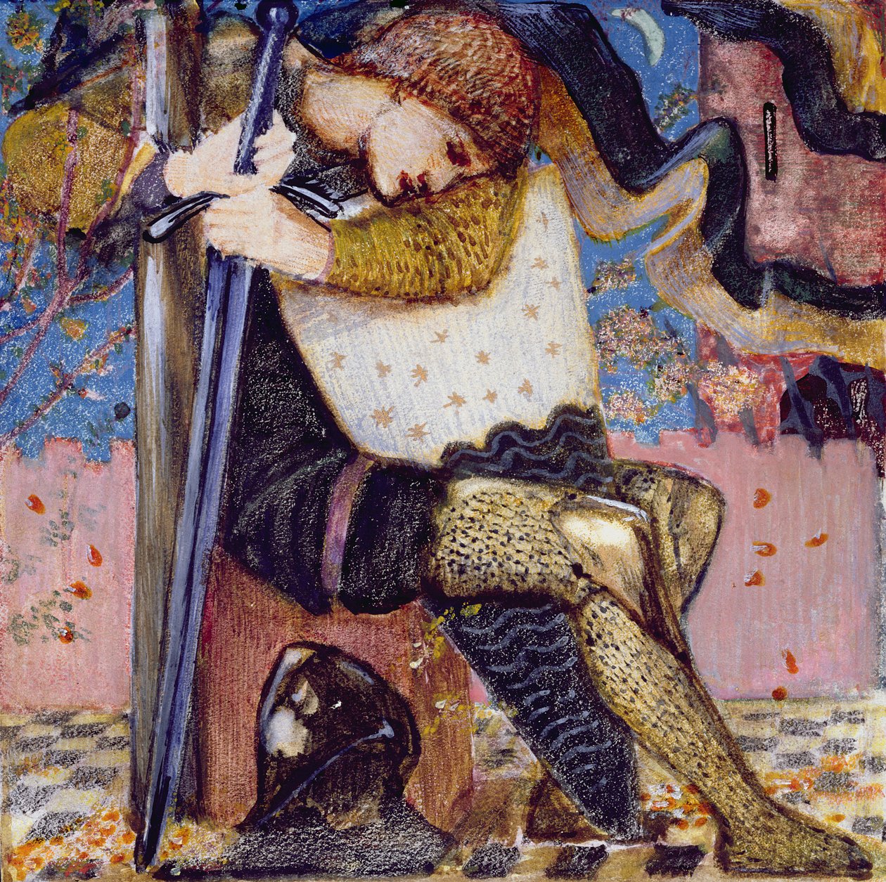 Arthur Excalibur ile (parşömen üzerine guaj ve altın boya) by Edward Burne Jones