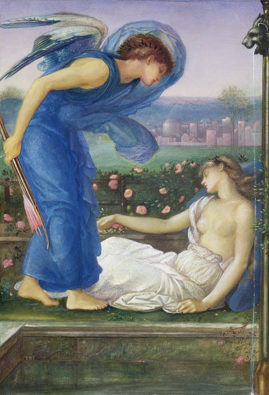 Cupid ve Psyche, c.1865 (keten üzerine monte edilmiş kağıt üzerine wc, gövde rengi ve pastel) by Edward Burne Jones