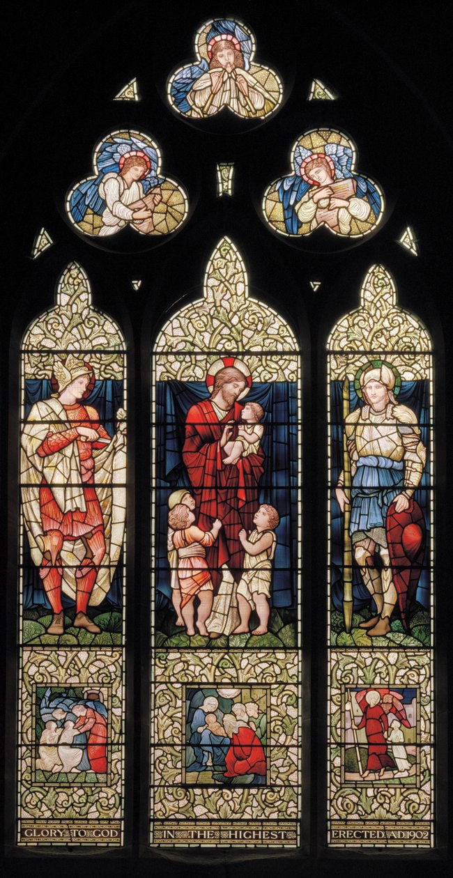 Wilden, All Saints, East Window, Morris & Co., Edward Burne-Jones, John Henry Dearle (1859-1932), St Martin, Christ Blessing The Children, St George, 1902-1914, Louisa, Alfred, The Baldwins, Prime Minimum by Edward Coley and Dearle Burne-Jones