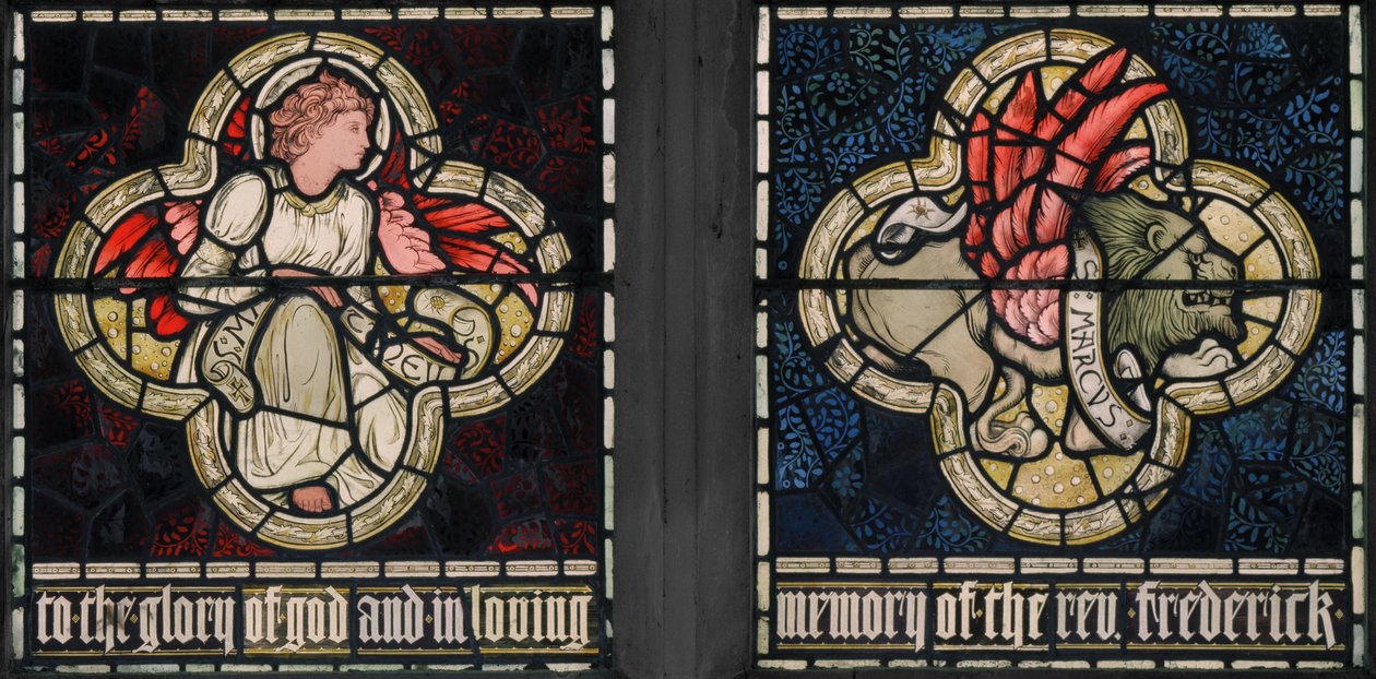Birmingham, Acocks Green, St Mary The Virgin, Morris & Co., Edward Burne-Jones, John Henry Dearle (1859-1932), Symbols of the Evangelists, St Matthew & St Mark, 1895 by Edward Coley and Dearle Burne-Jones