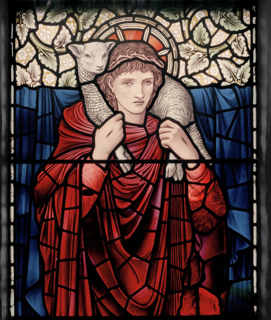 Birmingham, Ward End, St Margaret, Morris & Co., Edward Burne-Jones, John Henry Dearle (1859-1932), The Good Shepherd, detay, 1902, Brampton Cumbria, Titcomb, Wren by Edward Coley and Dearle Burne-Jones