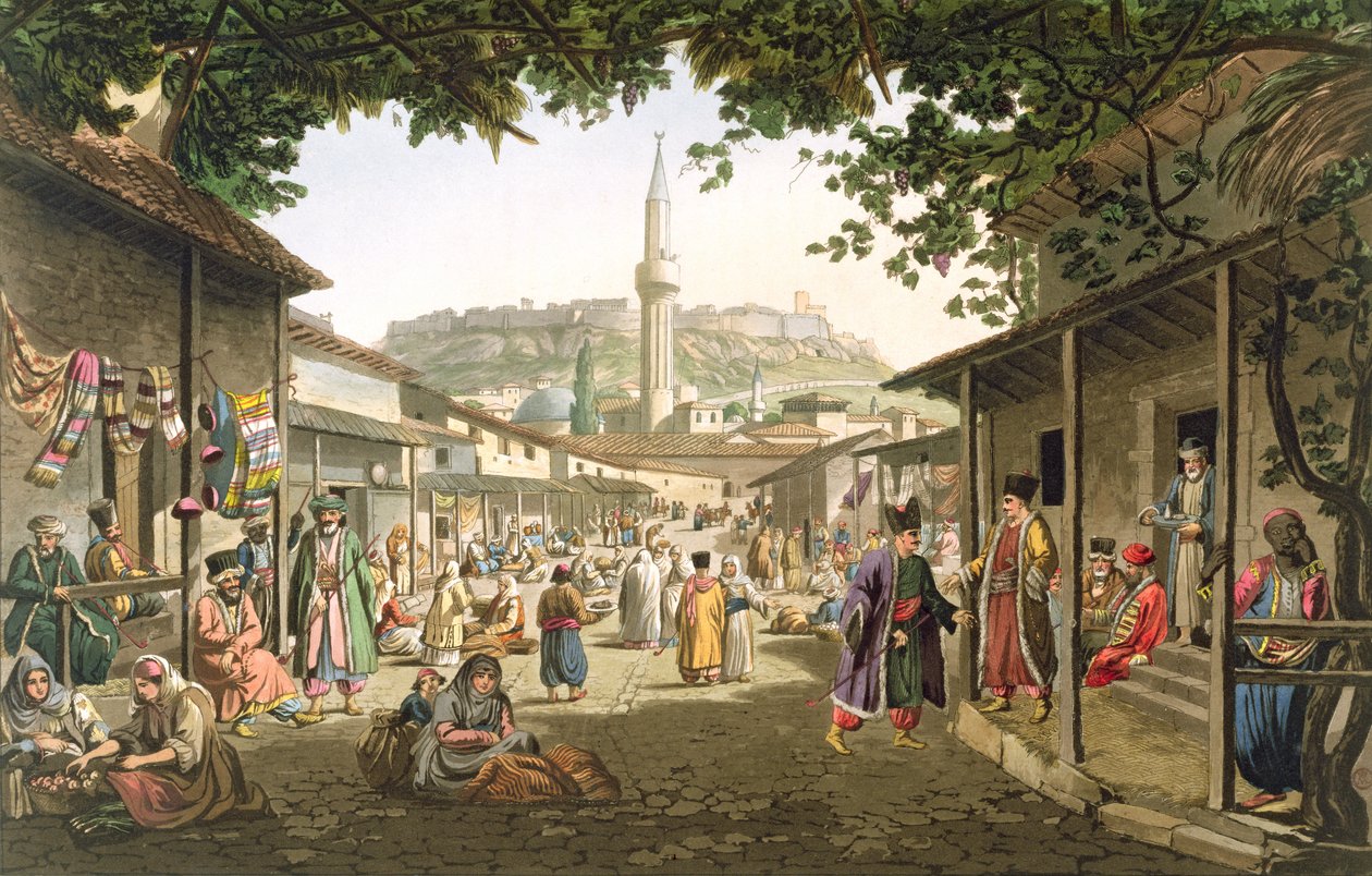 Atina'da Bir Çarşı, T. Fielding tarafından oyulmuş 'Yunanistan'daki Manzaralar'ın 1. Kısmından 1. plaka, pub. 1821 (suda yaşayan) by Edward Dodwell