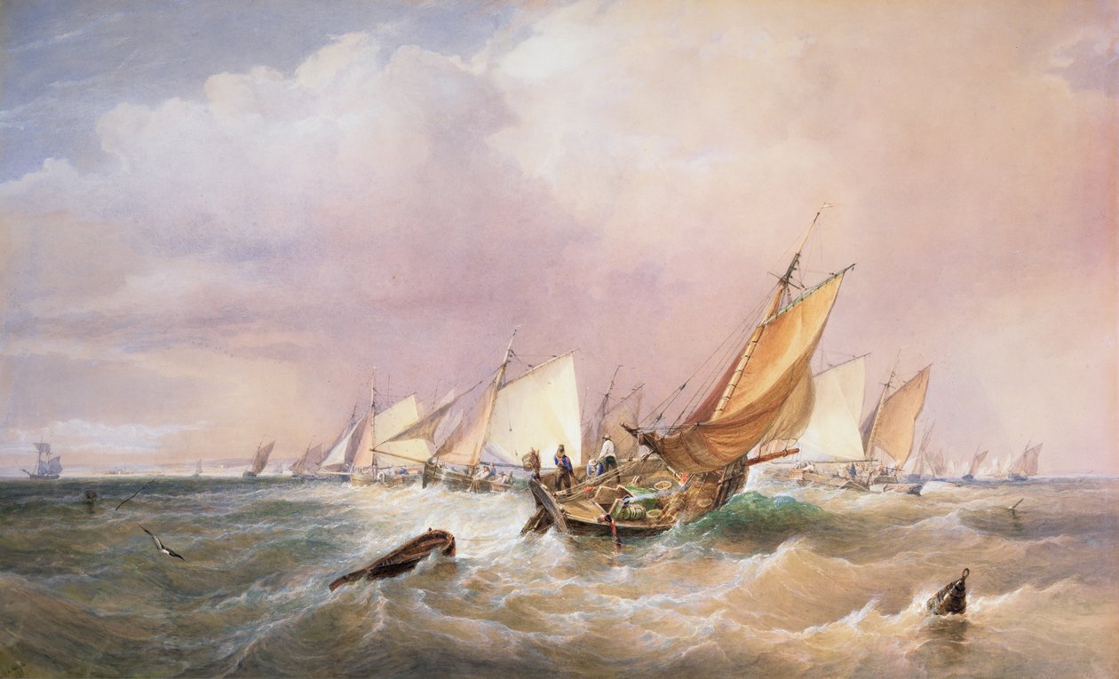 Fransız Sahili Açıklarında, 1837 (kağıt üzerinde kurşun kalem, tuvalet ve gövde rengi) by Edward Duncan