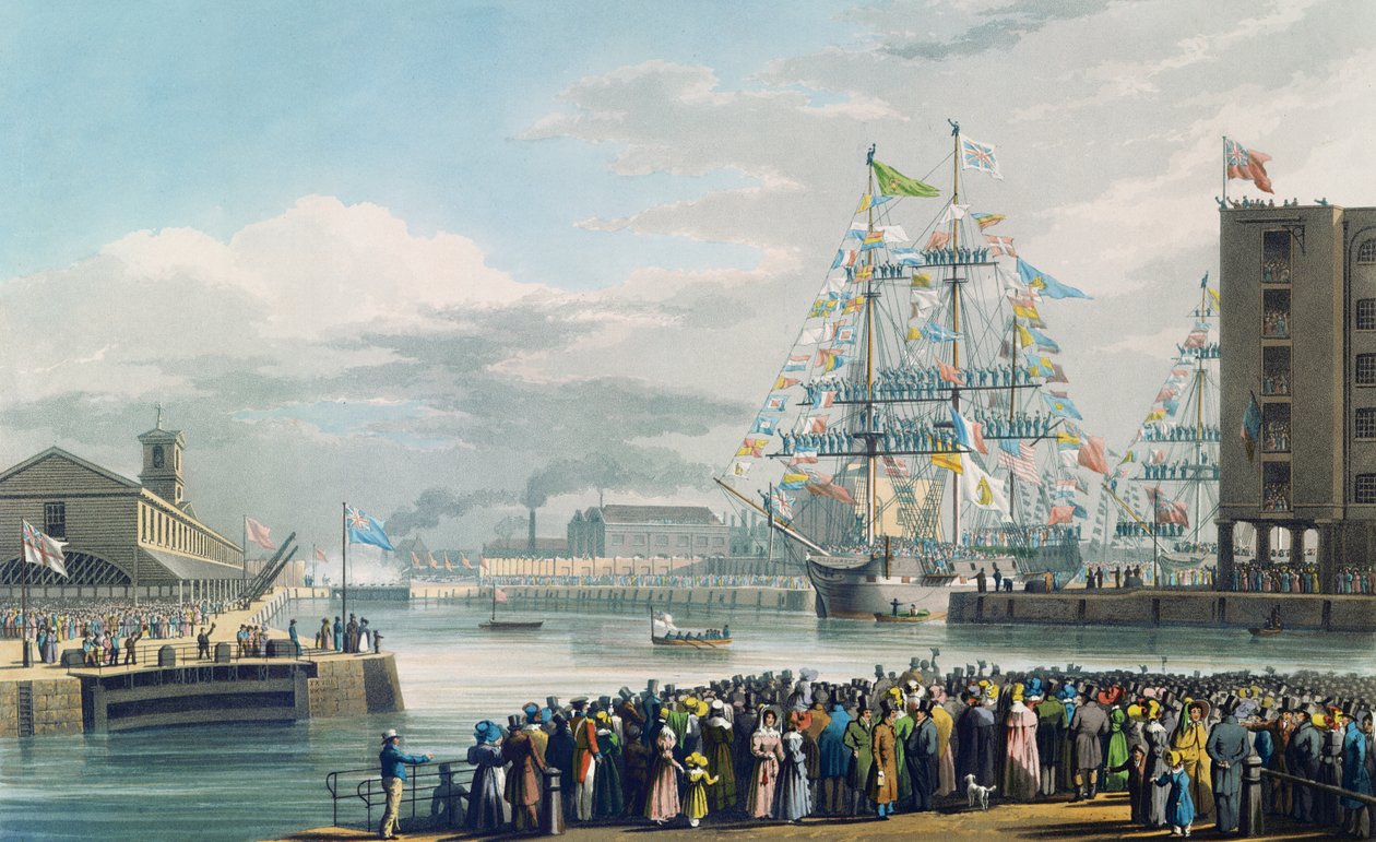 St. Katharine Rıhtımlarının Açılışı, 25 Ekim 1828 Cumartesi (renkli gravür) by Edward Duncan