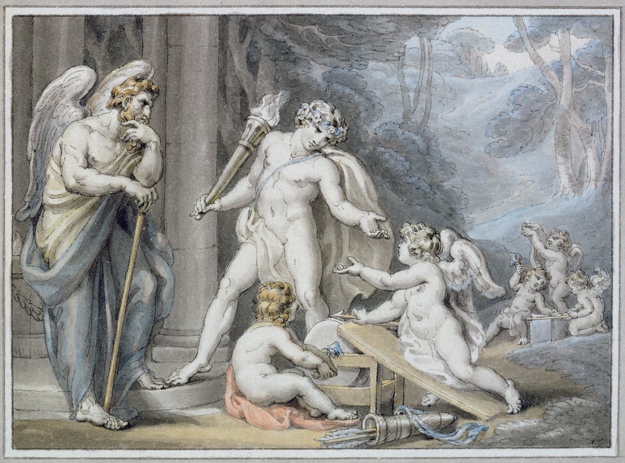 Apollo Vulcan'ın demirhanesinde (kağıt üzerinde yıkama ile kalem ve mürekkep) by Edward Francis Burney