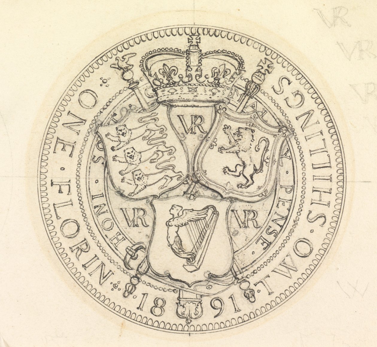 Florin ve Shilling için iki tasarım çizimi, 1891 by Edward John Poynter