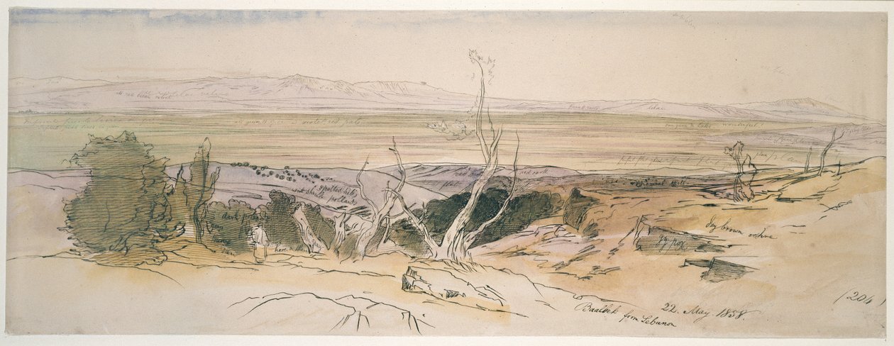 ಲೆಬನಾನ್‌ನಿಂದ ಬಾಲ್ಬೆಕ್, 1858 (ಜಲವರ್ಣ ಮತ್ತು ಪೆನ್ ಮತ್ತು ಗ್ರ್ಯಾಫೈಟ್ ಸೂಚನೆಗಳೊಂದಿಗೆ ಕಪ್ಪು ಶಾಯಿ) ಟರ್ಕ್ by Edward Lear