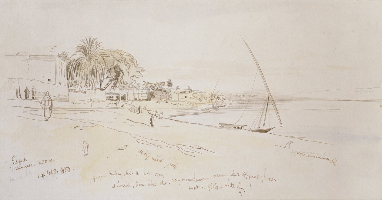 Esneh, Mısır, 1854 (kirli beyaz kağıt üzerinde grafit üzerine suluboya ile kalem ve kahverengi mürekkep) by Edward Lear