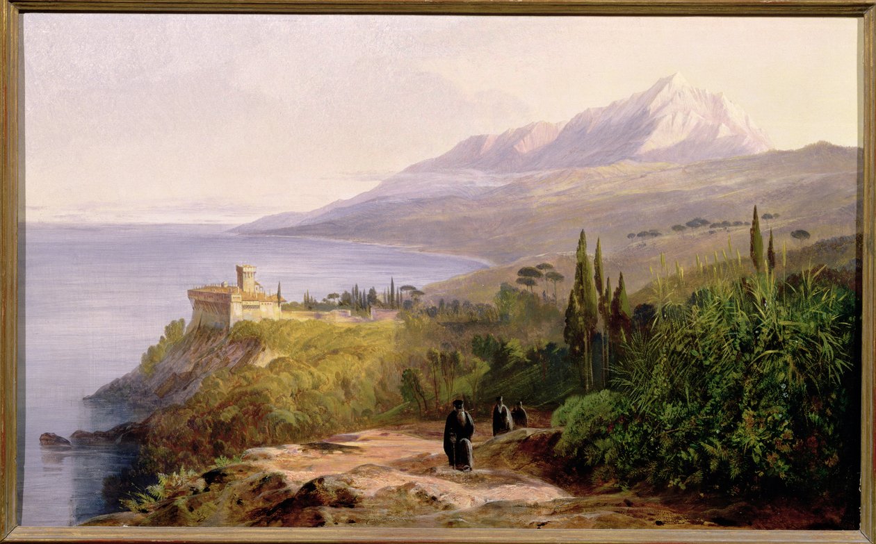 Athos Dağı ve Stavroniketes Manastırı, 1857 by Edward Lear