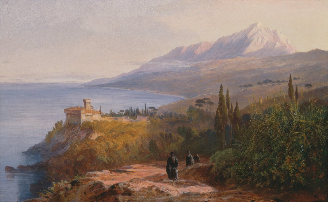 Athos Dağı ve Stavronikétes Manastırı by Edward Lear