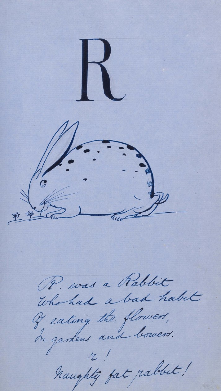 Saçma Alfabe - R, 1860 (keten ile desteklenmiş mavi kağıt üzerine kalem ve mürekkep) by Edward Lear