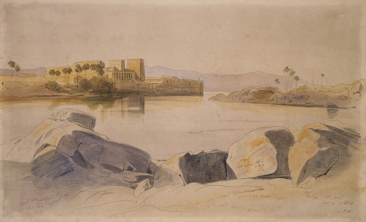 Philae, Mısır, 1854 (Kalem ve siyah mürekkep, kahverengi kağıt üzerine grafit ve sulu boya) by Edward Lear