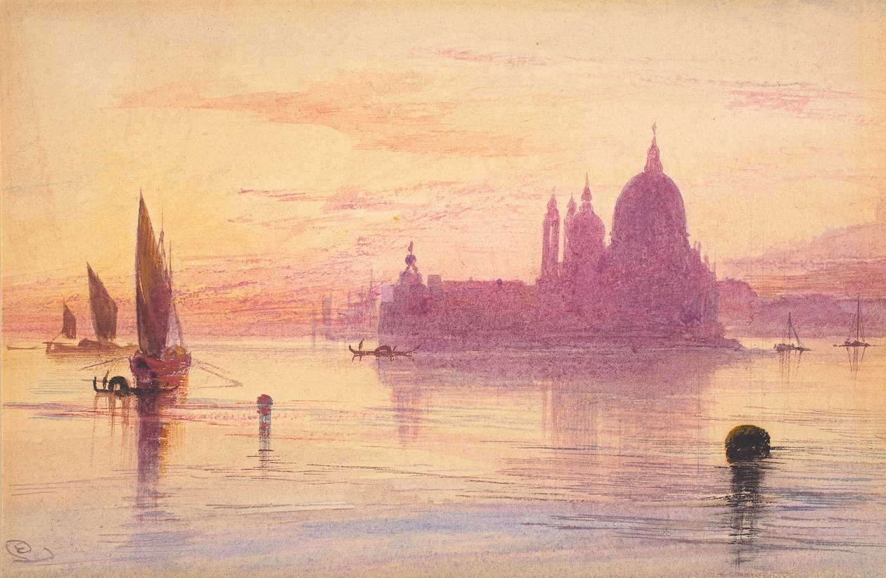 Santa Maria della Salute, Venedik, Gün Batımında, 1865-84 (dokuma kağıt üzerine grafit üzerine suluboya ve guaj) by Edward Lear
