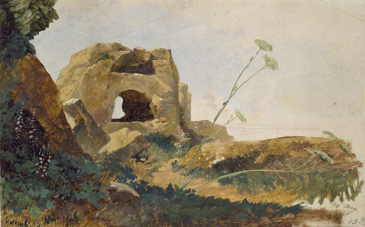 Kayalar ve Yeşillik Çalışması, Agrigento (Girgenti), Sicilya, 1847 (parlak kirli beyaz kağıt üzerine yağlı boya) by Edward Lear