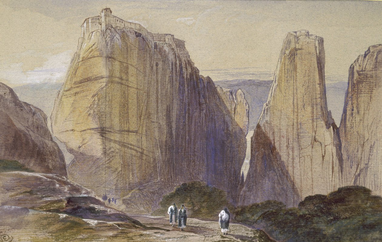 Meteora Manastırı (gri-mavi serilmiş kağıt üzerine suluboya ve gövde rengi) by Edward Lear