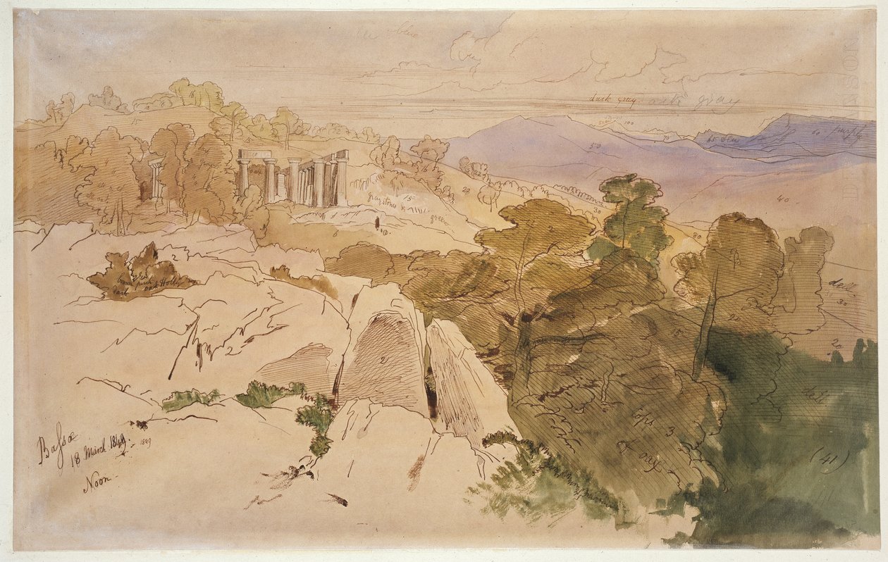 Apollon Tapınağı, Bassae, Yunanistan, 1849 (kahverengi kağıt üzerine suluboya ve yağlı boya ile kalem ve kahverengi mürekkep) by Edward Lear