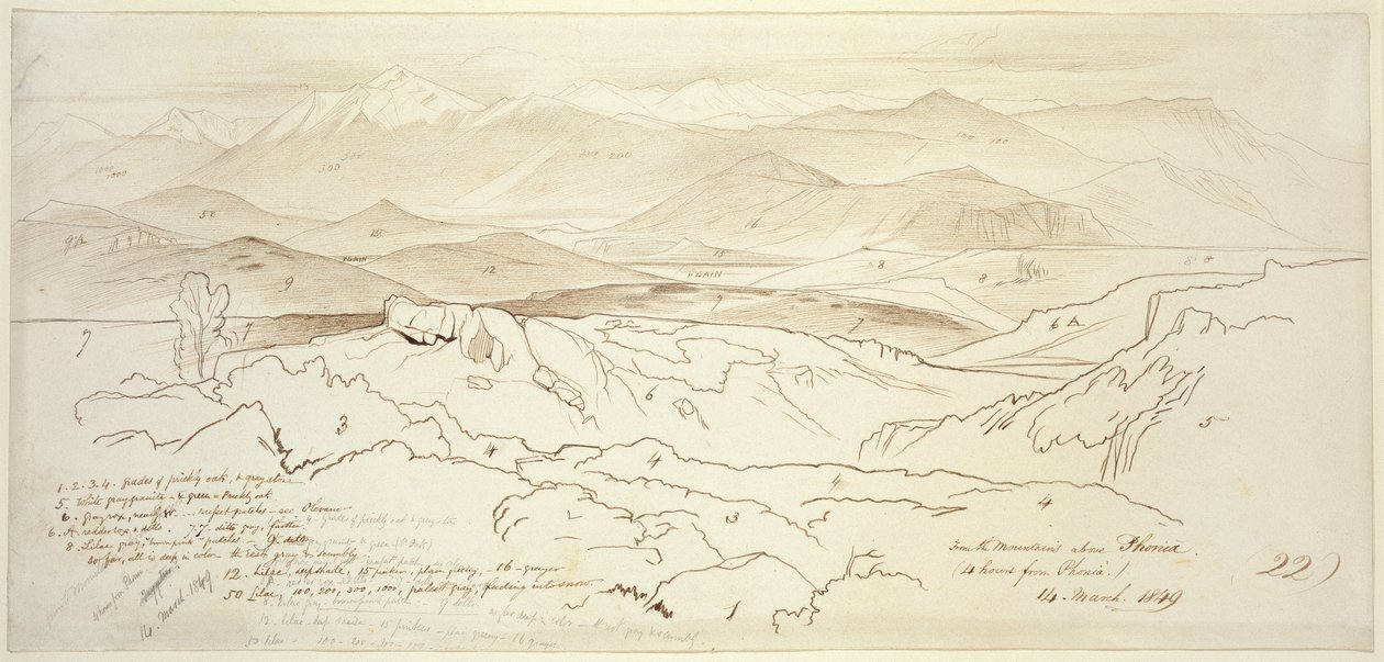 Phonia'nın yukarısındaki Dağlardan görünüm, 1849 (beyaz kağıt üzerinde grafitli kalem ve kahverengi mürekkep) by Edward Lear