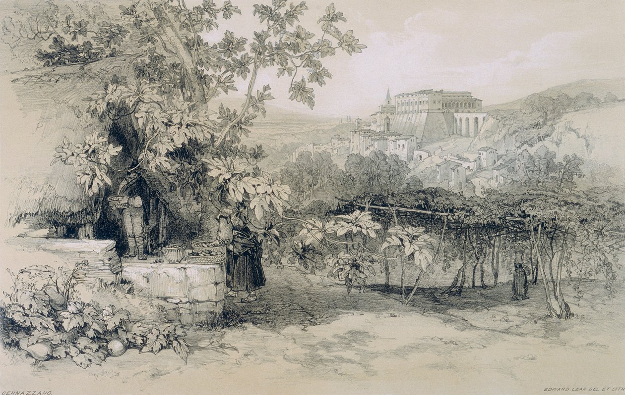 Roma ve çevresinde manzaralar: Colonna şehri ve sarayıyla birlikte Gennazzano manzarası by Edward Lear