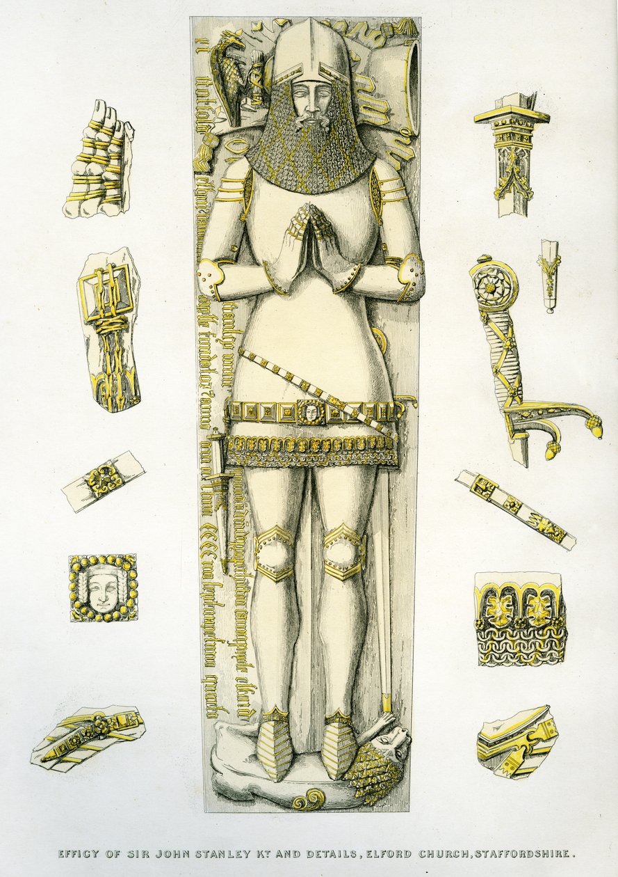 Sir John Stanley, St. Peter Kilisesi, Elford, Staffordshire, İngiltere, 1848-9 (el renkli gravür) mezarının zırhının tasviri ve detayları by Edward M. Richardson