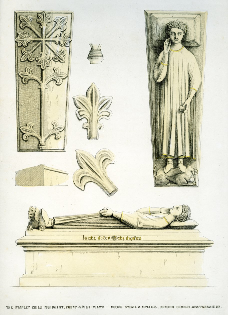 Stanley Çocuk Anıtı, St. Peter Kilisesi, Elford, Staffordshire, İngiltere, 1848-49 (el renkli gravür) by Edward M. Richardson