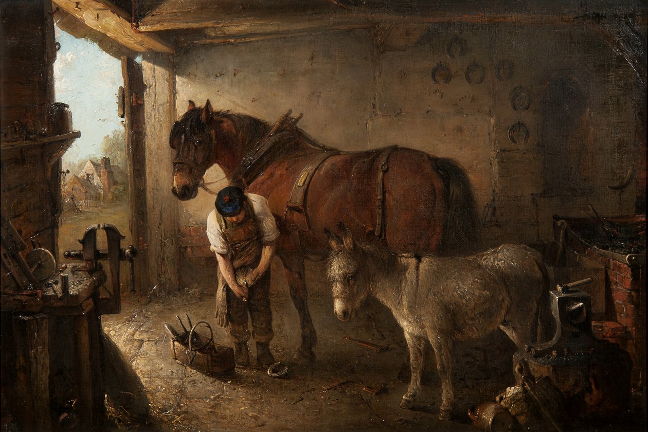Bir demirhanenin iç kısmında eşekle saban atını nallayan bir nalbant. by Edward Robert Smythe