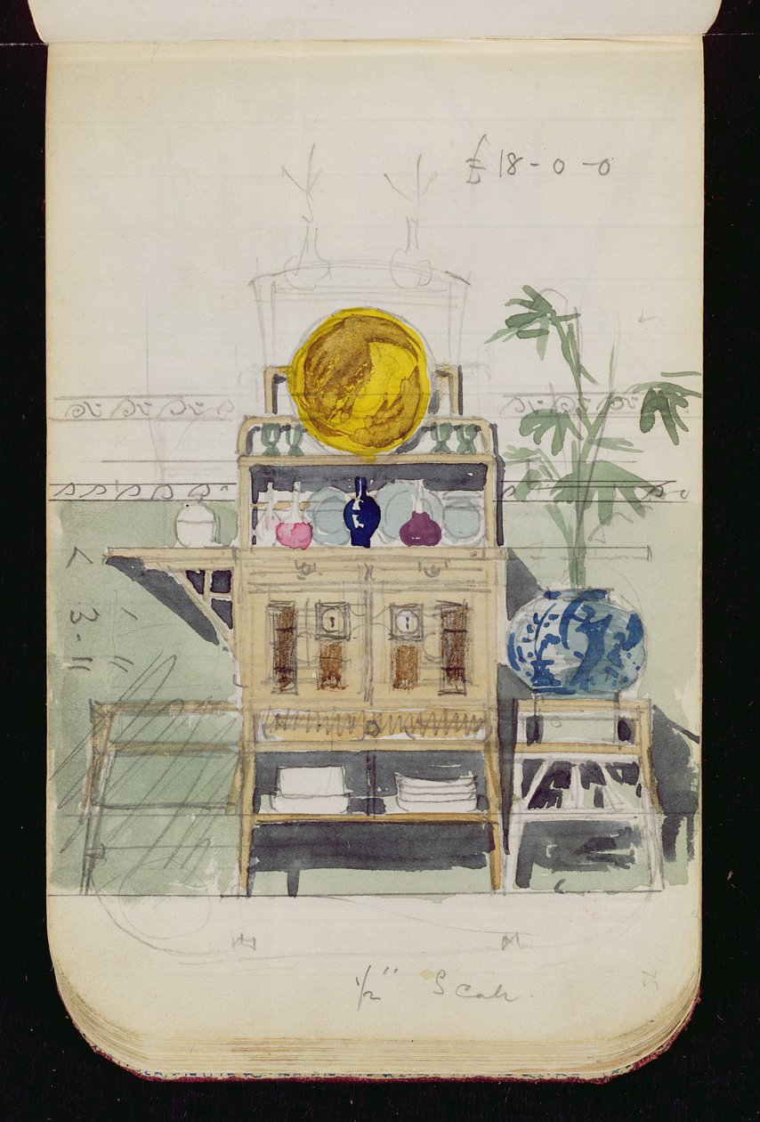 ಸೈಡ್‌ಬೋರ್ಡ್‌ಗಾಗಿ ವಿನ್ಯಾಸ, c.1860s-70s (ಕಾಗದದ ಮೇಲೆ wc und ಪೆನ್ಸಿಲ್) turk by Edward William Godwin