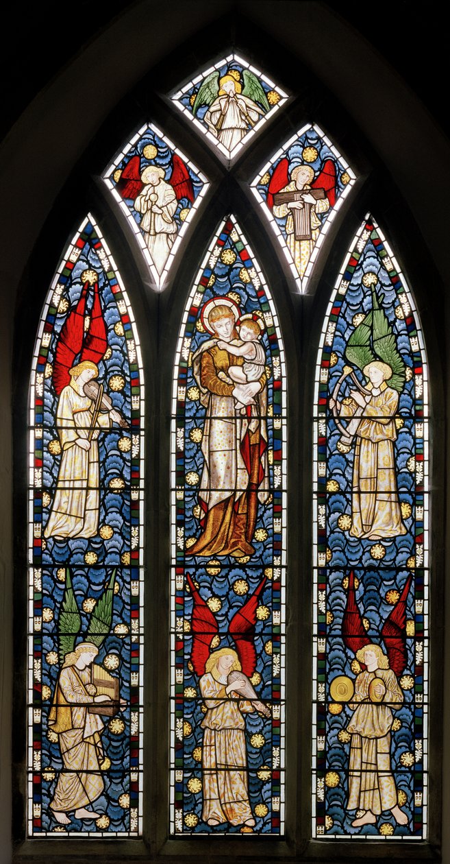 Tilehurst, St Michael, Morris Marshall & Faulkner & Co, William Morris, Edward Burne-Jones, Madonna & Child, Müzikal Melekler, 1869 by Edward and Morris Burne Jones