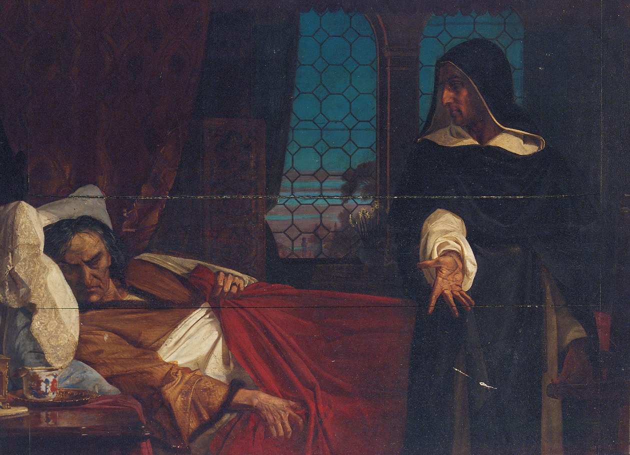Kederli bir adamın yatağının önünde pelerinli bir figür by Edward Armitage