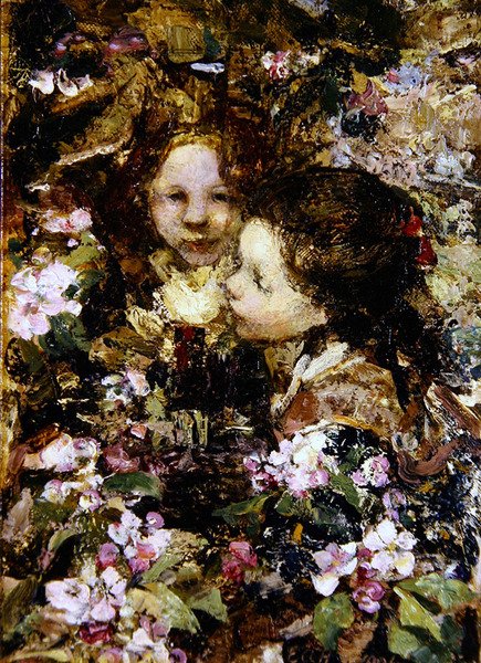 Çiçekler Arasında İki Kız (tuval üzerine yağlı boya) by Edward Atkinson Hornel