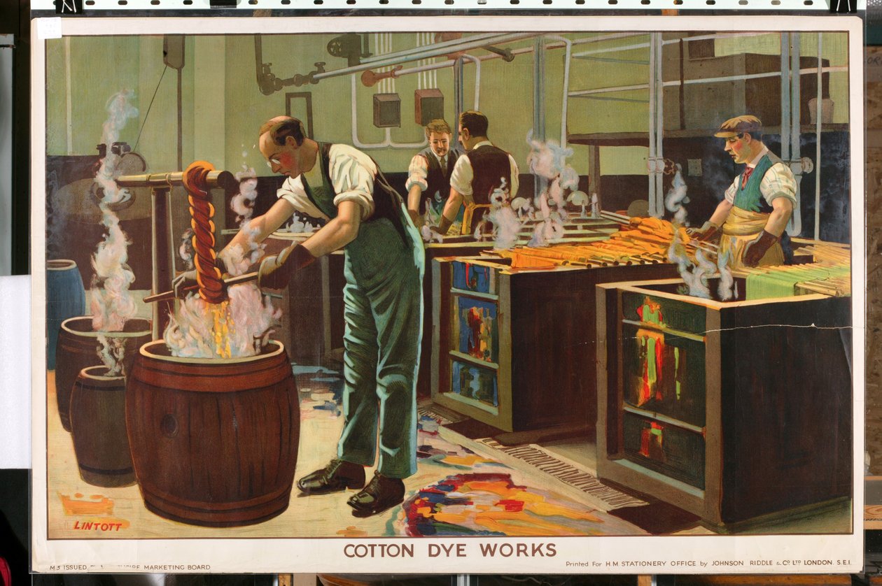 'Empire Trade is Growing' serisinden Cotton Dye Works (renkli litho) by Edward Barnard Lintott