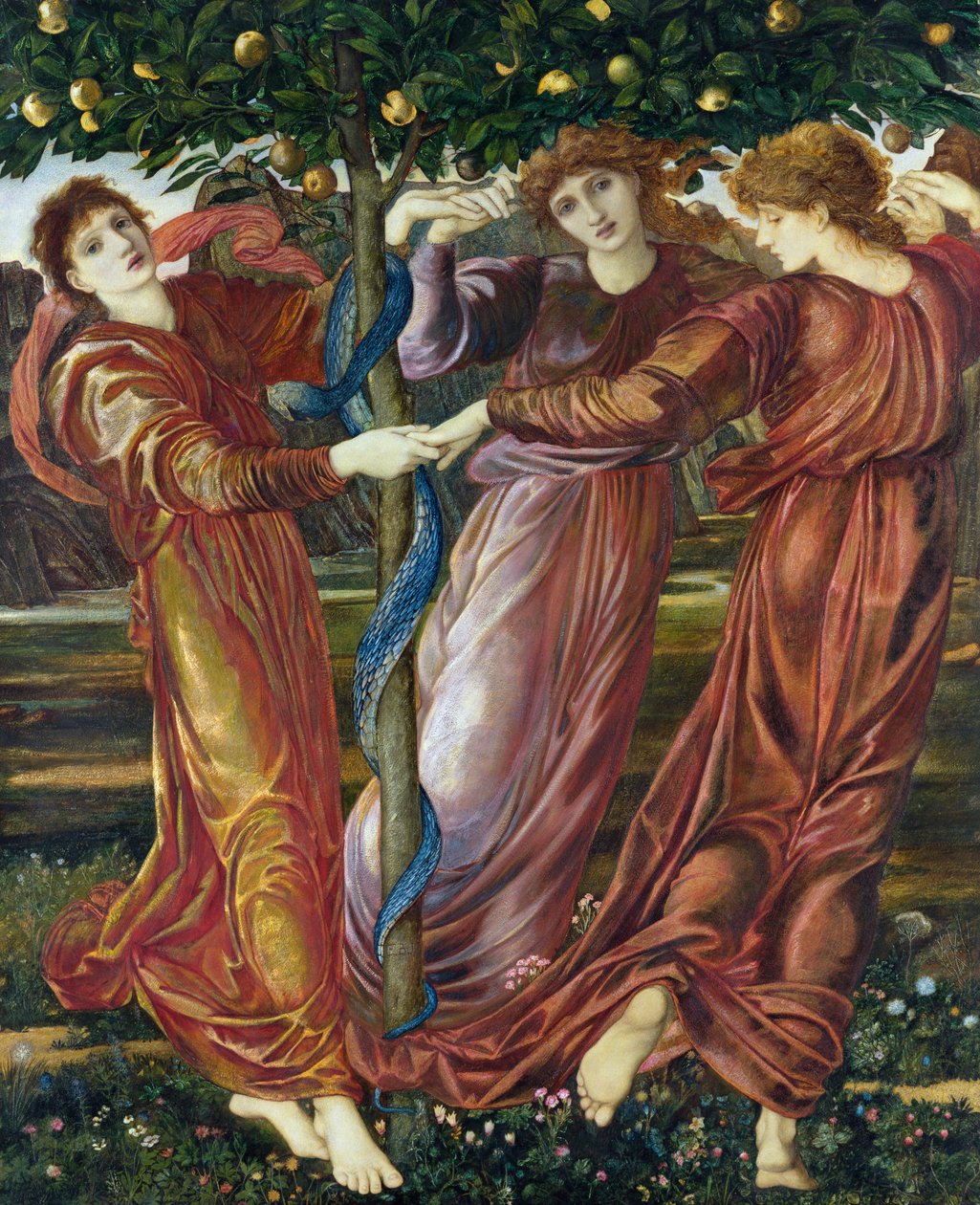 Hesperides Bahçesi, 1869-73 (kart ve tuval üzerine tempera, guaj ve yağlı boya) by Edward Burne Jones