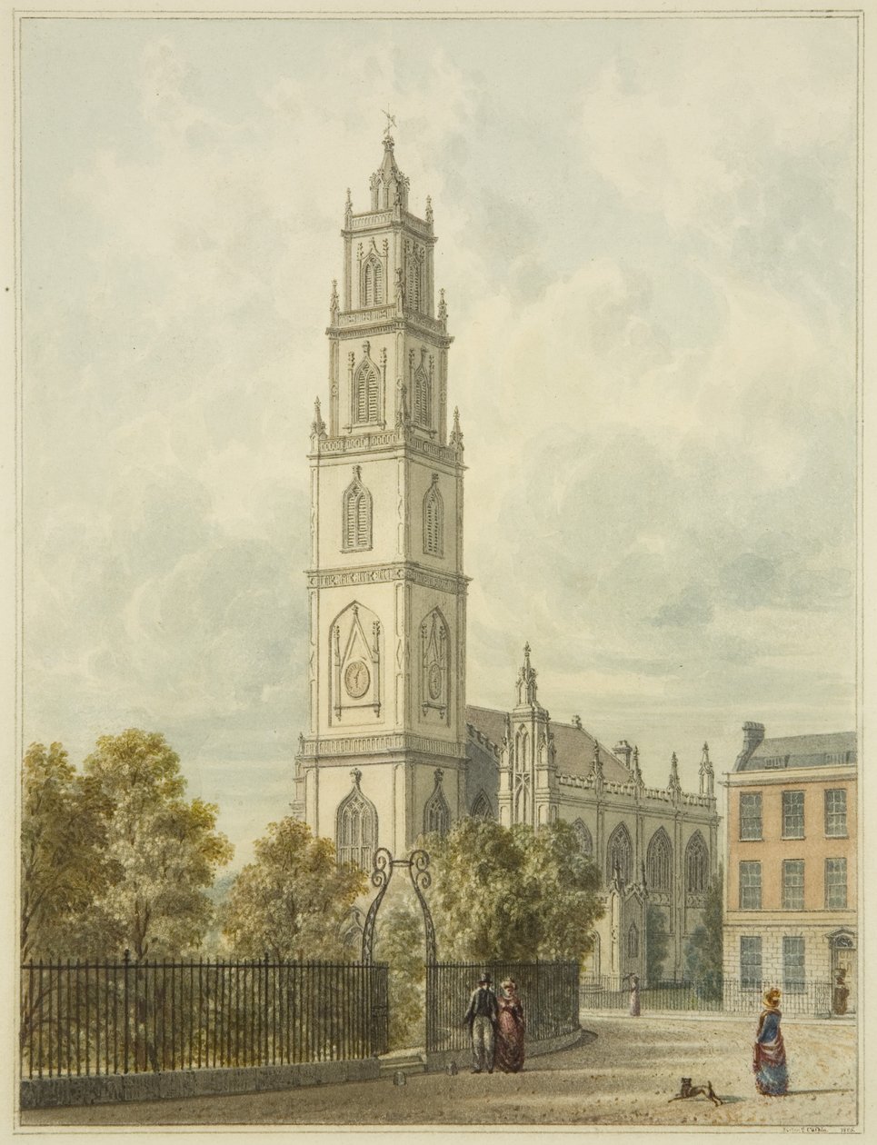 St Paul Kilisesi ve Portland Meydanı (kağıt üzerine kurşun kalem ve sulu boya) by Edward Cashin
