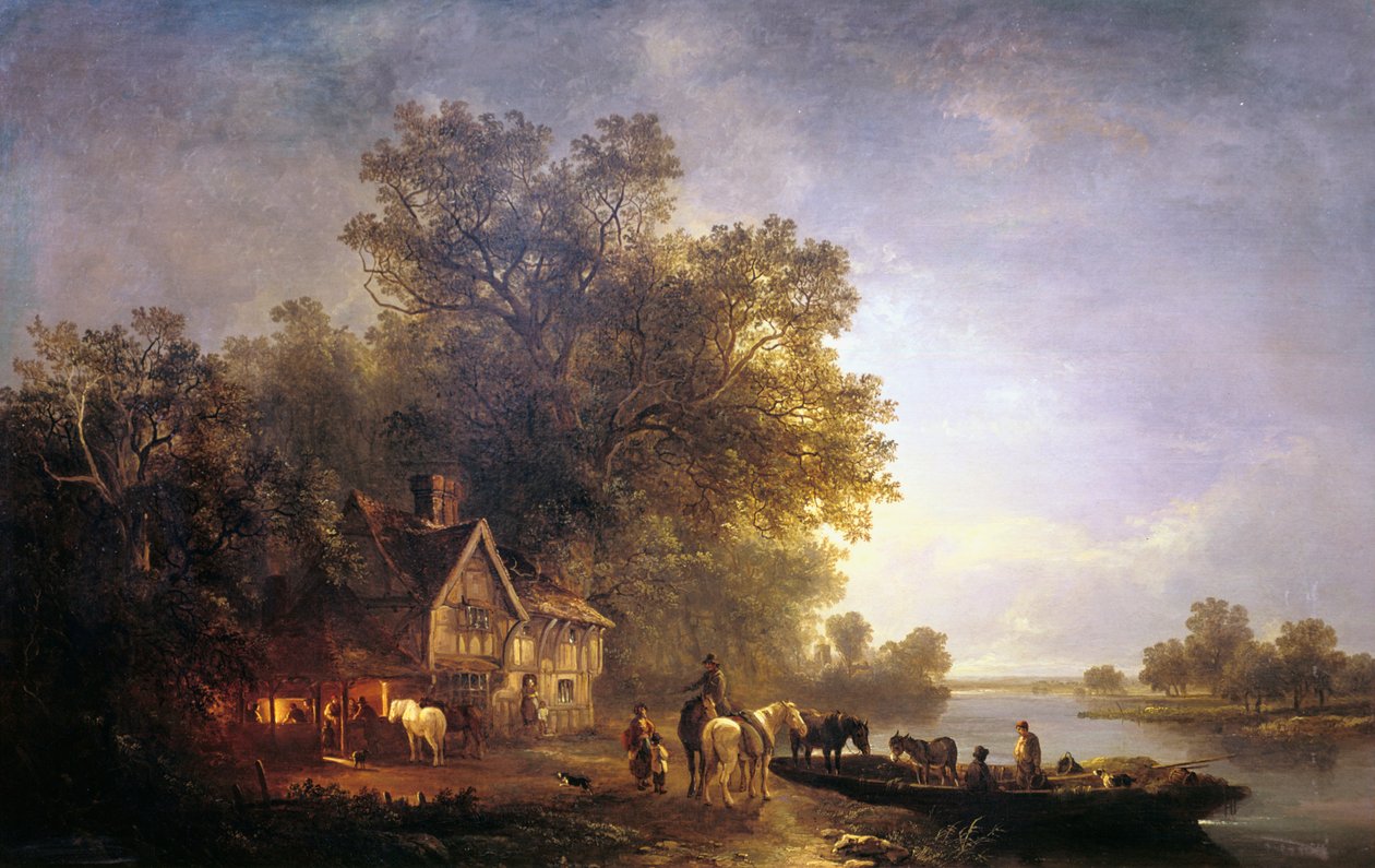 Rustikler ve Atlar ile Nehir Manzarası, c1860 by Edward Charles Williams