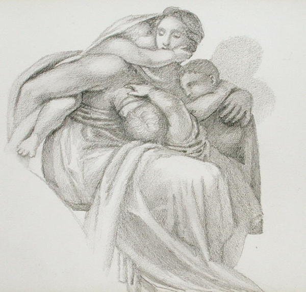 Anne ve Üç Çocuk (kağıt üzerine kalem) by Edward Coley Burne Jones