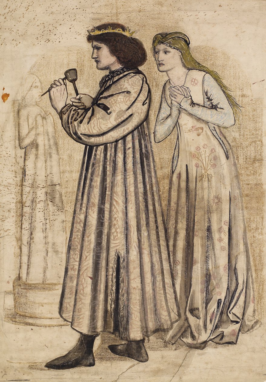 Kral Rene'nin yeni gelini tarafından izlenirken bir figürü yonttuğu sahne (kalem ve çini mürekkebi ile yıkama ve kağıt üzerine kurşun kalem) by Edward Coley Burne Jones