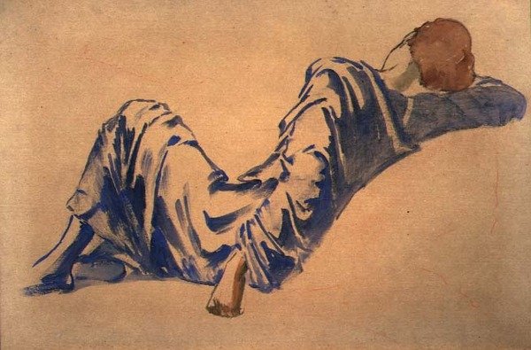 Briar Rose Serisi için Uyuyan Bir Saray Üyesinin Çalışması: Konsey Odası (kağıt üzerine kırmızı tebeşirle suluboya) by Edward Coley Burne Jones