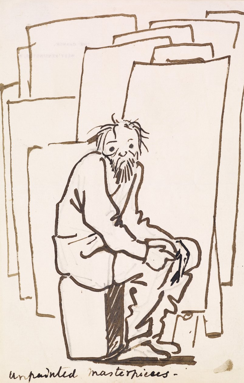 Boyanmamış şaheserler (kendi karikatürü) (kağıt üzerine kalem ve mürekkep) by Edward Coley Burne Jones