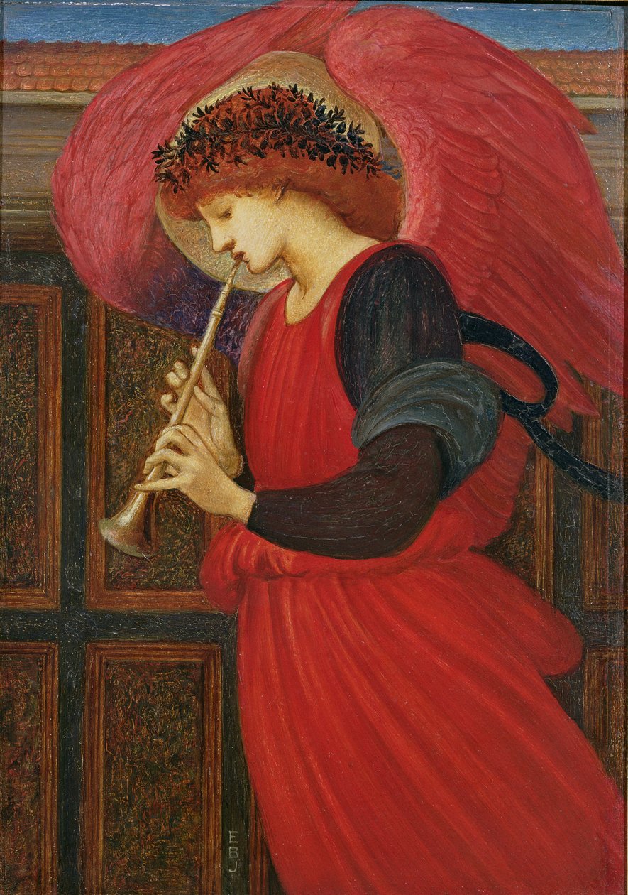 Flageolet Oynayan Bir Melek (kağıt üzerinde yağlı boya) by Edward Burne Jones