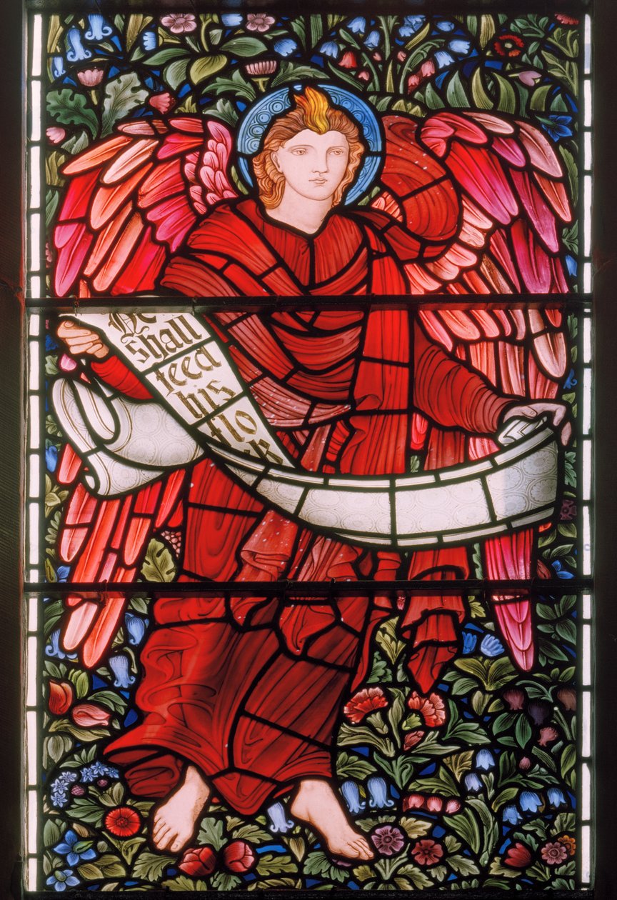 Bir Parşömen tutan melek, Doğu Penceresi, 1880 (vitray) by Edward Burne Jones