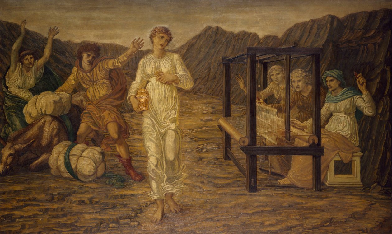 Aşk Tanrısı ve Ruh - Saray Yeşil Duvar Resimleri - Görev Venüs tarafından belirlenen Ruh, 1881 by Edward Burne Jones