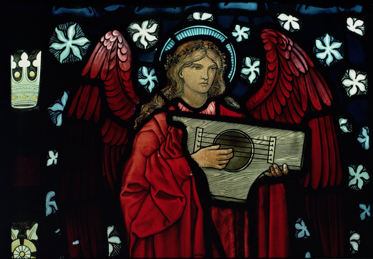 William Morris and Co. tarafından yapılan Melek Müzisyen detayı, 1882 vitray by Edward Burne Jones
