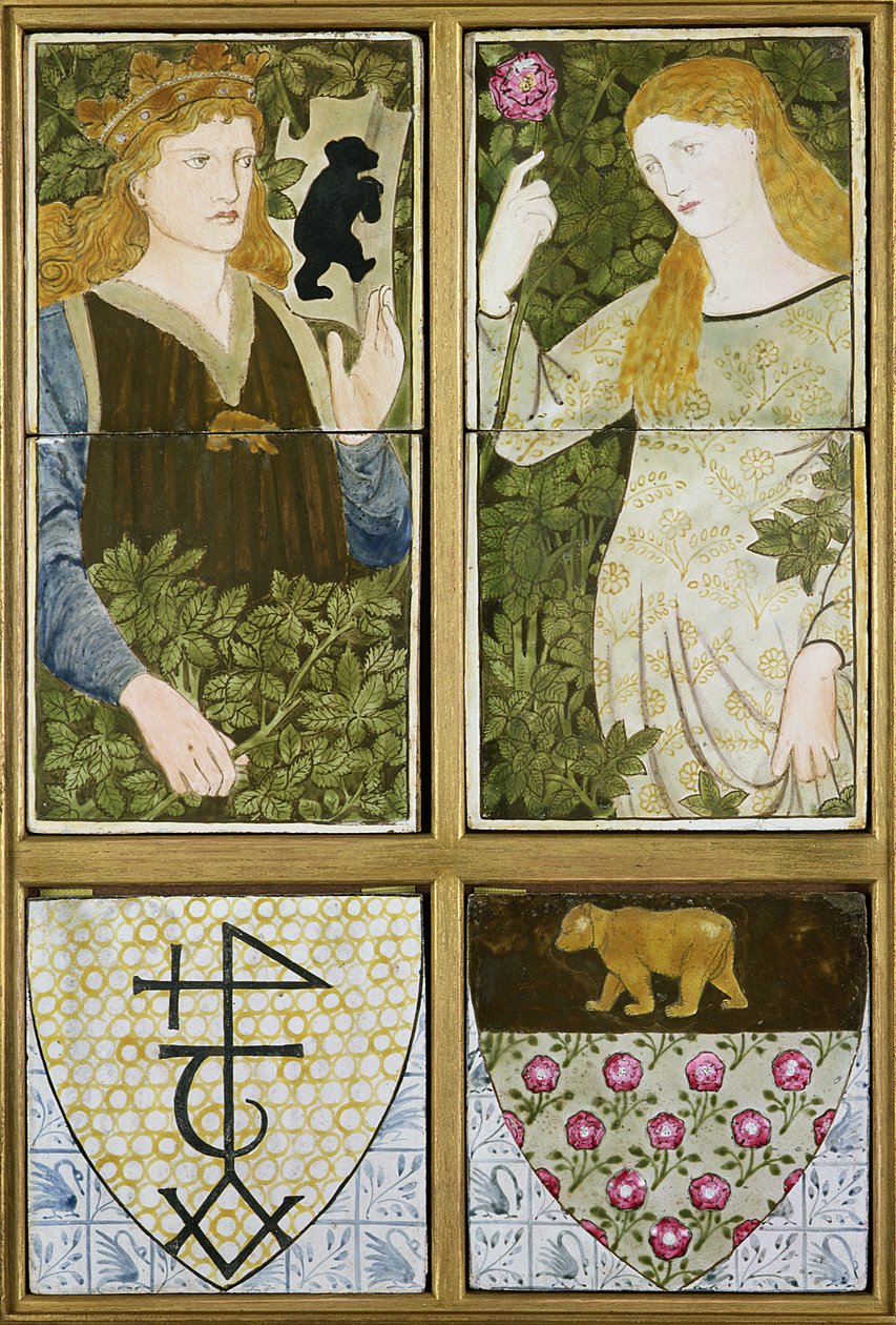 King Arthur ve Queen Guinevere, Morris, Marshall, Faulkner & Co. tarafından üretilen Altı Çini Panel (seramik) by Edward Burne Jones