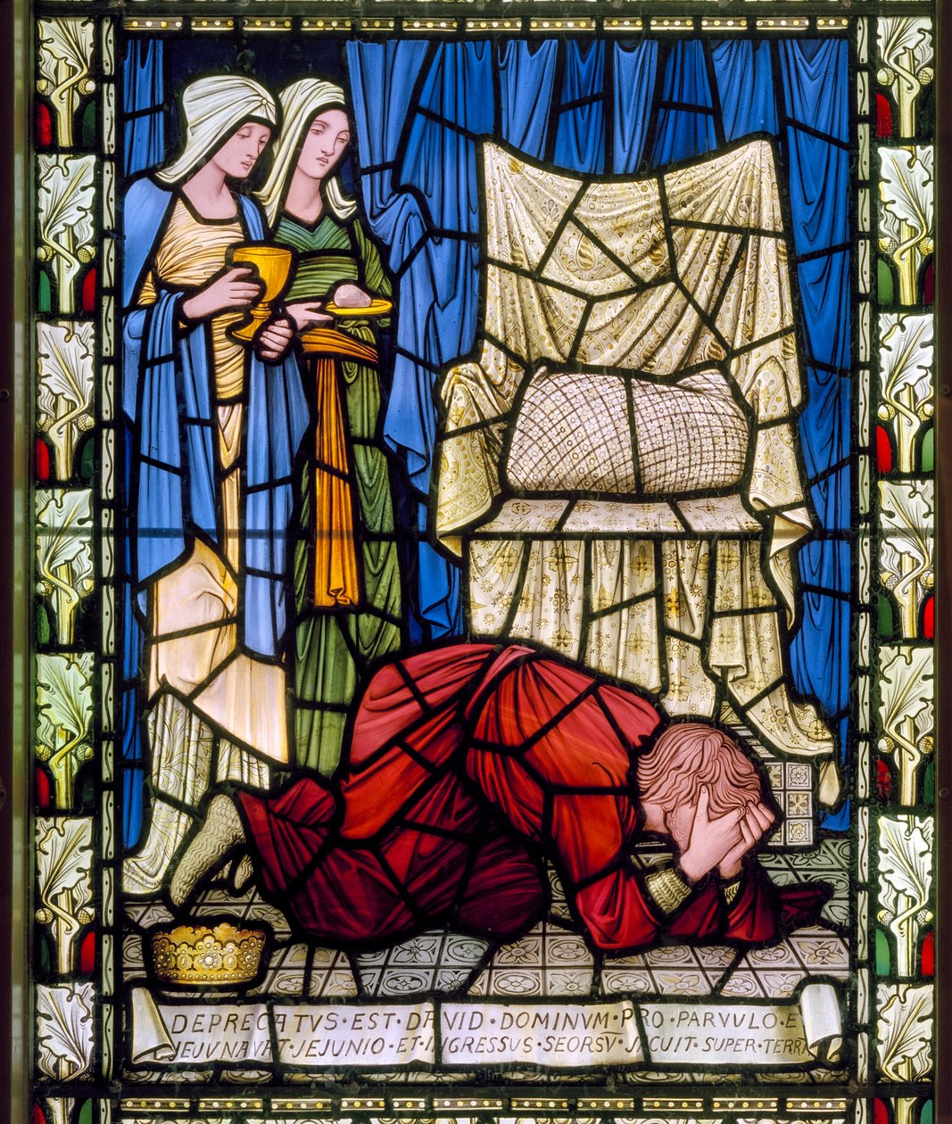 Kral David hasta çocuğunun yaşamı için ağlayıp dua ediyor ve ardından çocuğun ölümünü metanetle kabul ediyor, c.1896 (vitray) by Edward Burne Jones