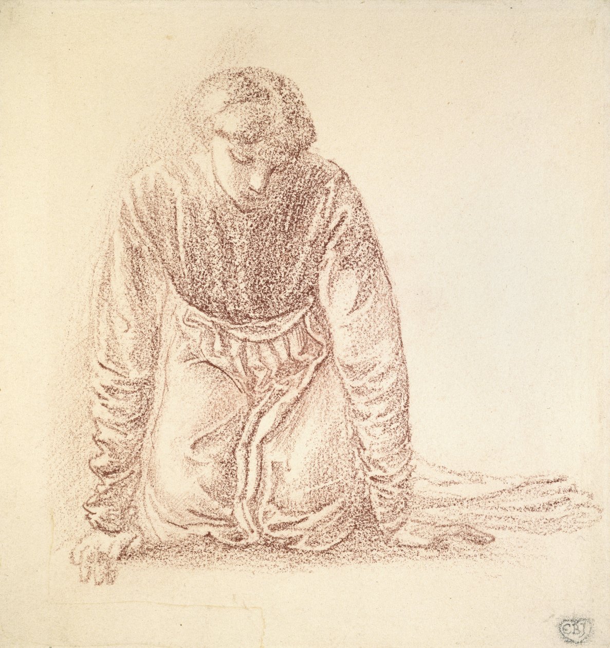 Diz çökmüş bir kadın figürü (beyaz kağıt üzerine koyu kırmızı tebeşir) by Edward Burne Jones