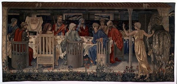 Kutsal Kâse Goblenleri Arayışı, Panel 1, Garip Kadın Tarafından Göreve Çağrılan Yuvarlak Masa Şövalyeleri, 1898-1899 by Edward Burne Jones