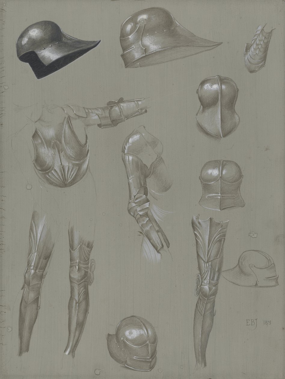 Bir Takım Zırh Çalışmaları, 1875 (kağıt üzerinde grafit, yıkama, tuvalet ve gövde rengi) by Edward Burne Jones