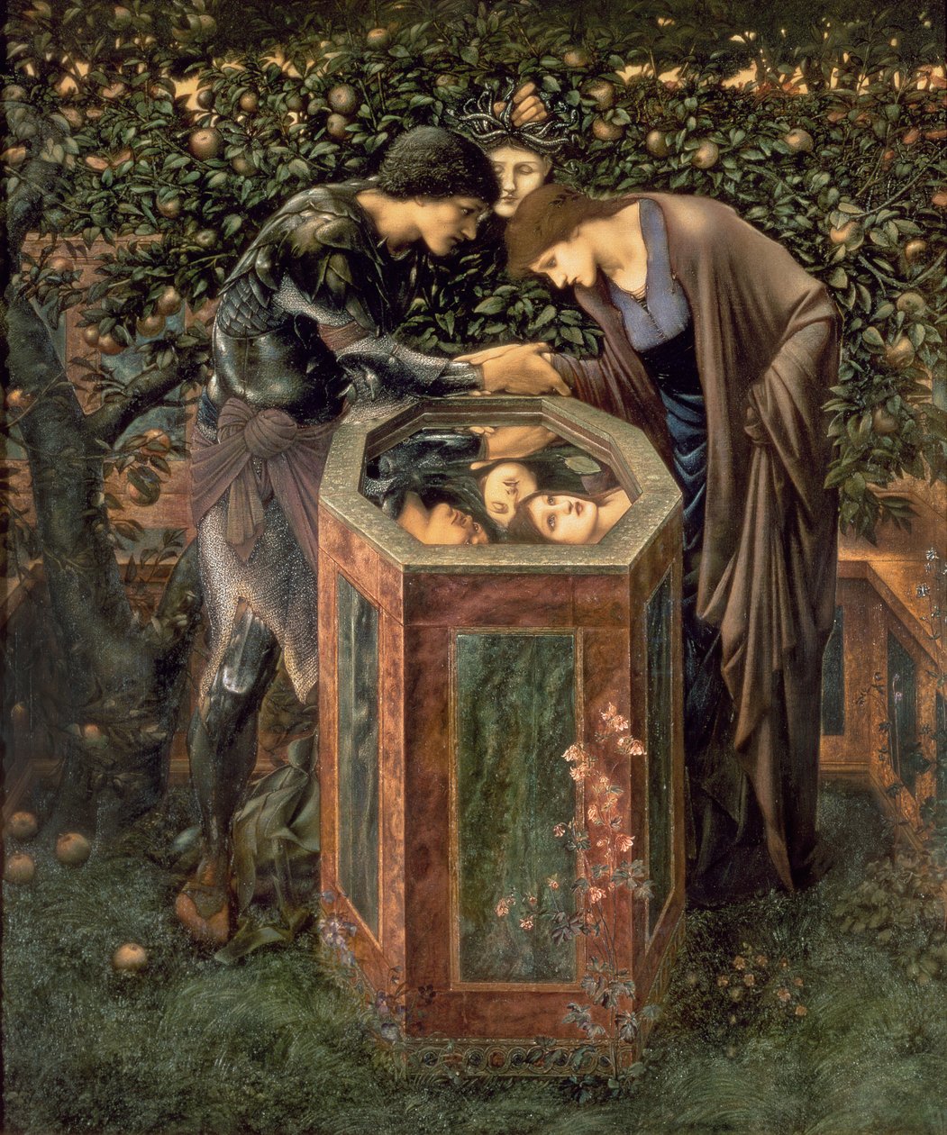 The Baleful Head, William Morris'in "The Earthly Paradise" filminden bir çizim; Perseus, Andromeda'ya Medusa'nın başının bir kuyuya yansıdığını gösteriyor by Edward Coley Burne Jones