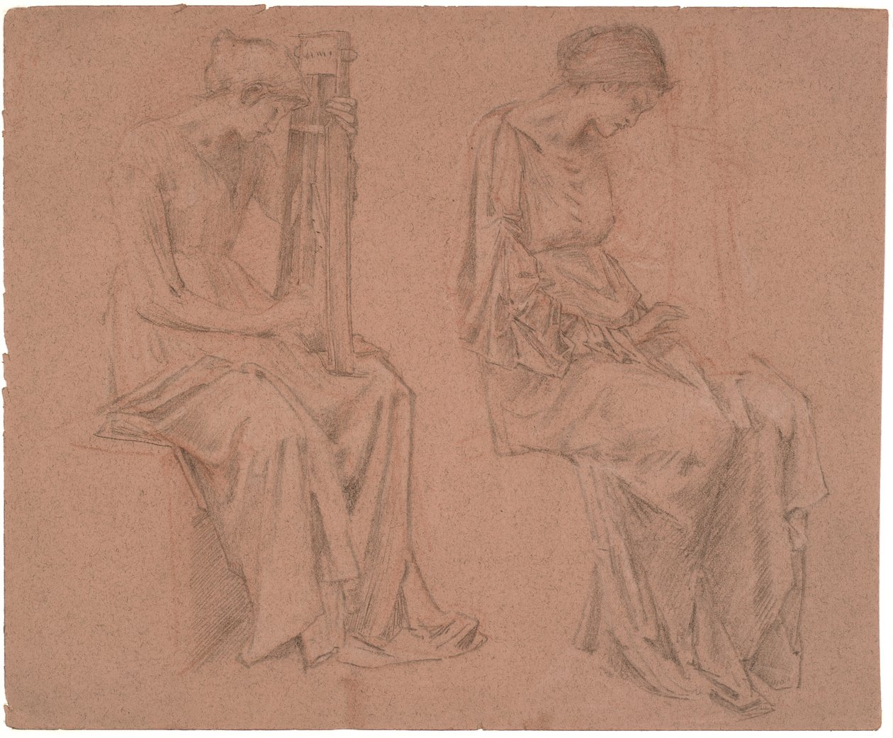 Oturan bir kızın kanun çaldığı iki çalışma by Edward Coley Burne Jones