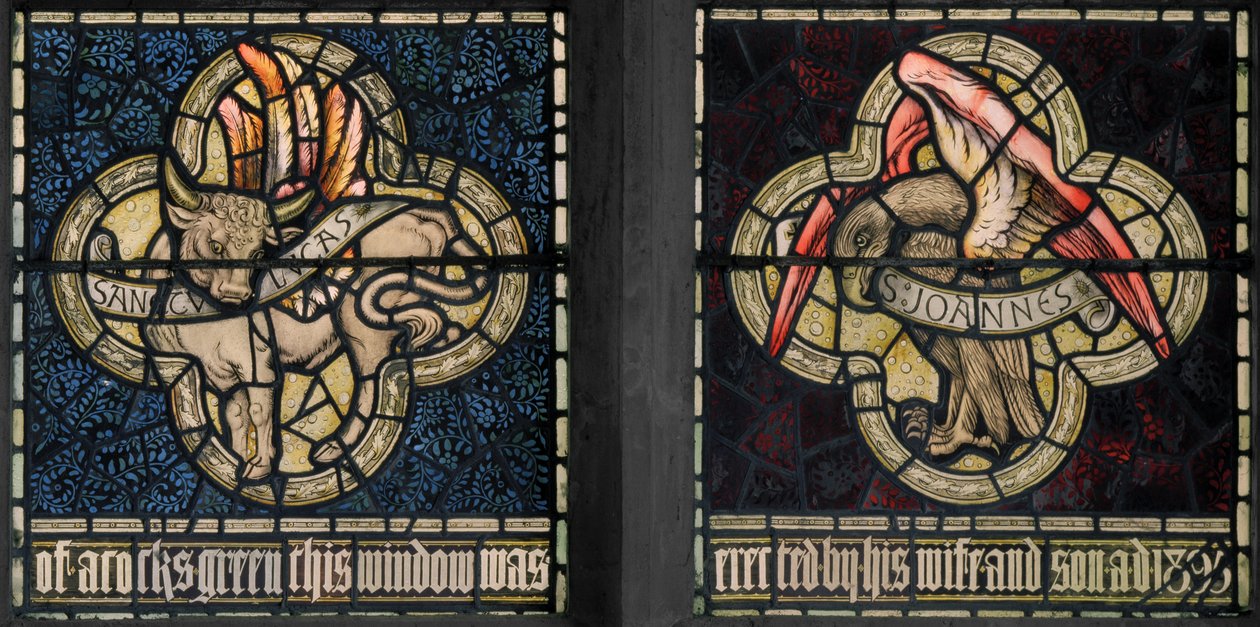Birmingham, Acocks Green, St Mary The Virgin, Morris & Co., Edward Burne-Jones, John Henry Dearle (1859-1932), Symbols of The Evangelists, St Luke & St John, 1895 by Edward Coley and Dearle Burne-Jones