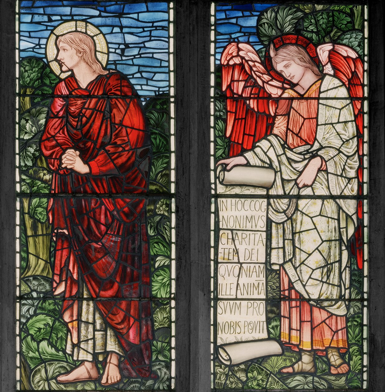 Birmingham, Acocks Green, St Mary The Virgin, Morris & Co., Edward Burne-Jones, John Henry Dearle (1859-1932), St John & Angel with Scroll, 1895 by Edward Coley and Dearle Burne Jones